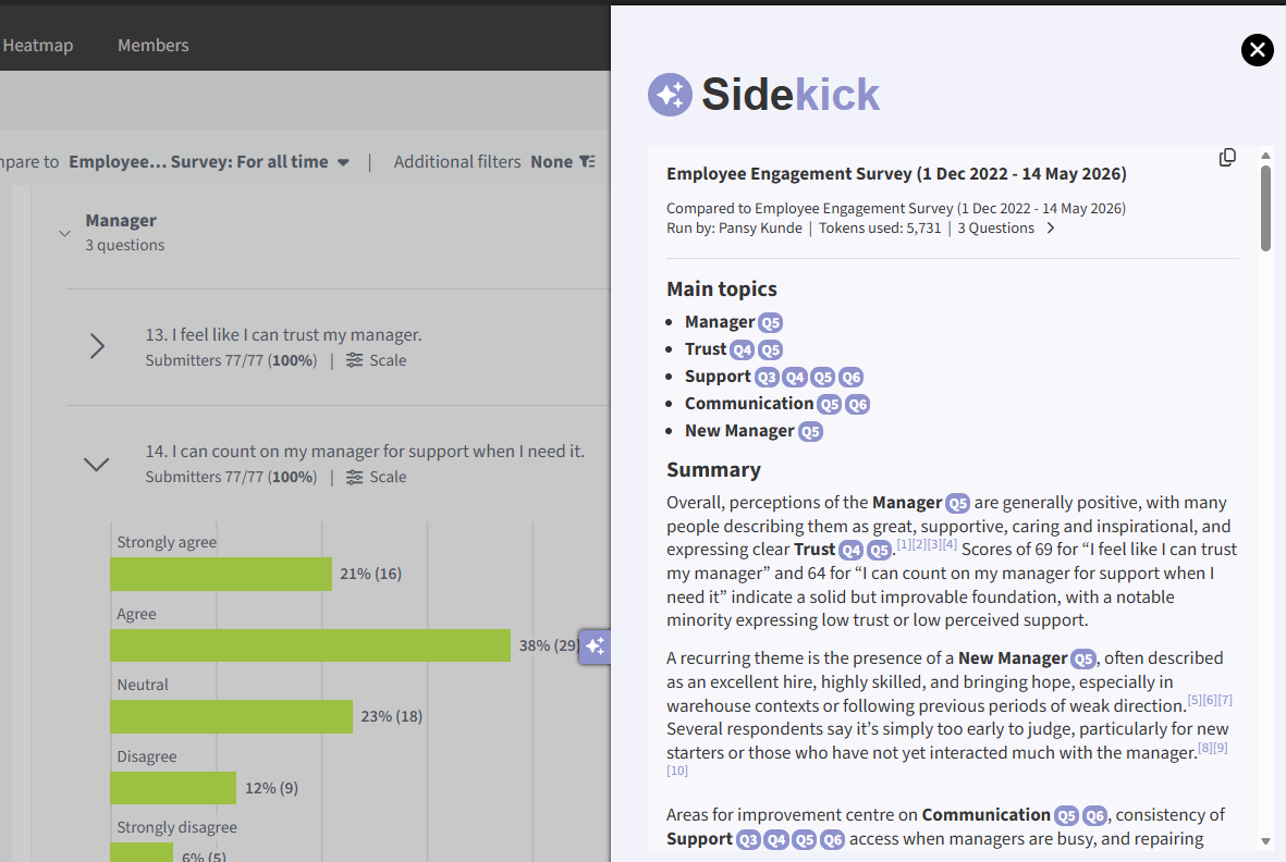 AI-powered analysis panel showing a detailed breakdown of employee engagement survey results including key themes, written summary, and specific next steps for leaders.