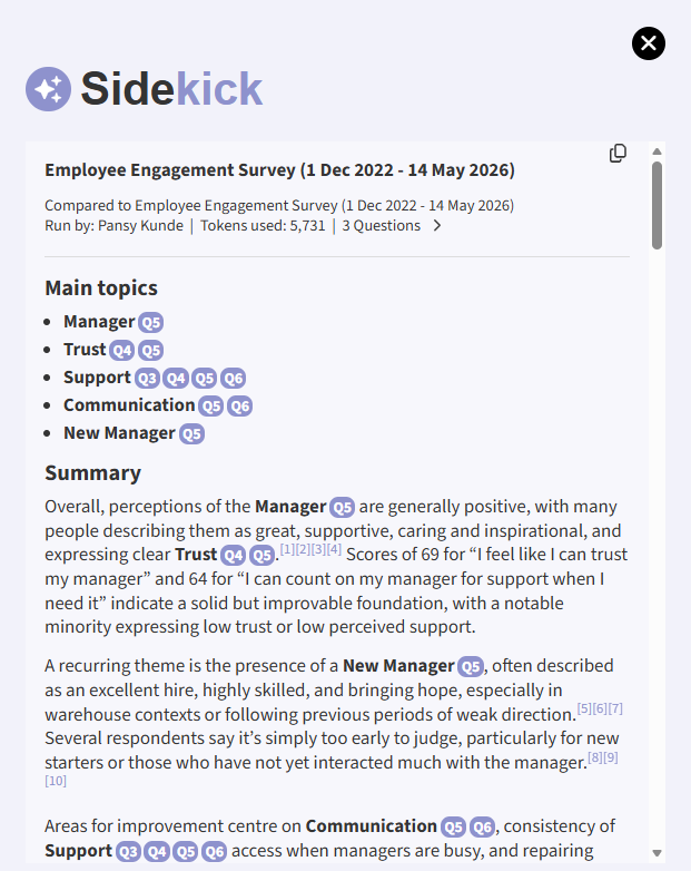 AI-powered survey analysis showing key themes including manager, trust, support, communication and a detailed written summary with actionable recommendations for leaders.