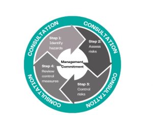 Four step psychosocial risk management process: identify hazards, assess risks, control risks, review control measures, with consultation required at every step and management commitment at the centre