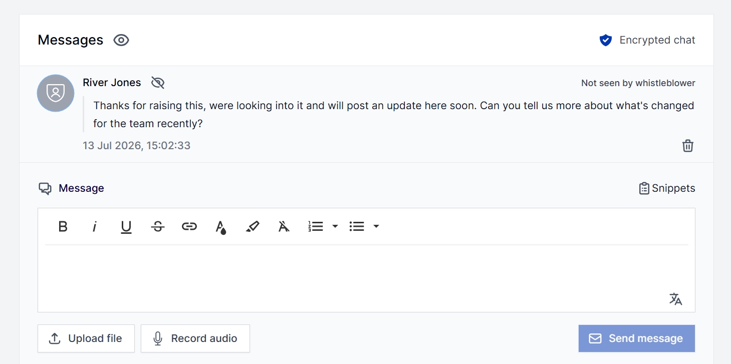 SpeakUp case management dashboard showing an incoming report with an anonymous two-way reply