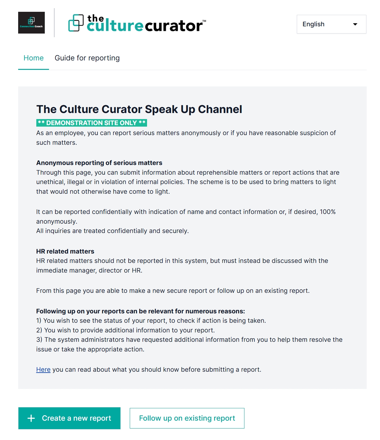 SpeakUp reporting platform branded with a company's logo and colours